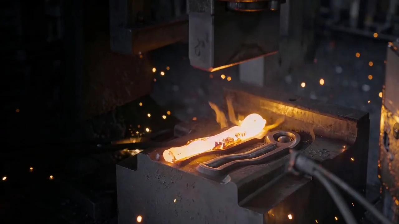 Forge press finale — glowing billet and flying sparks at the Hetian Wuhu plant