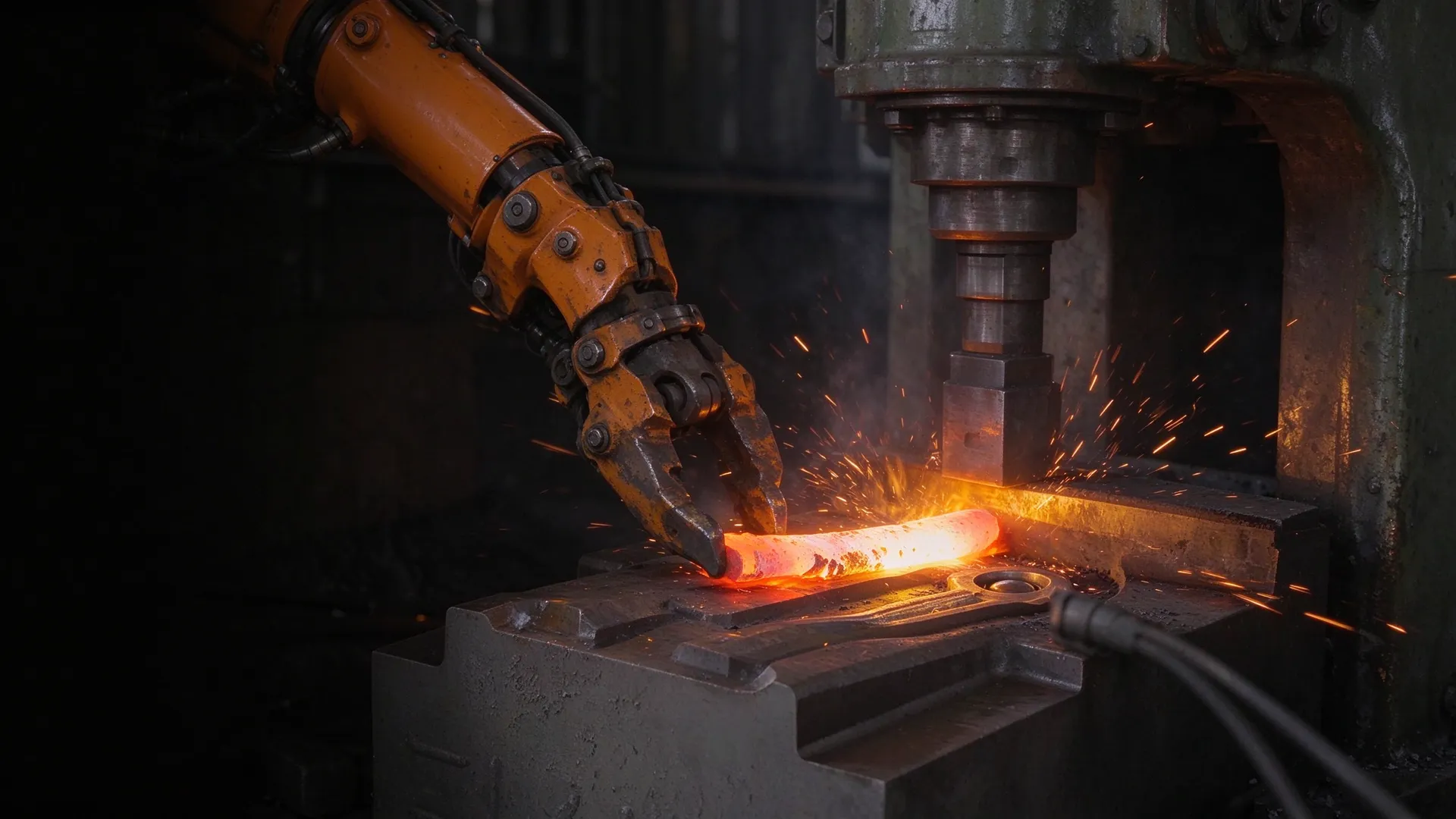 Hetian Wuhu plant — robotic forging with a glowing billet and flying sparks