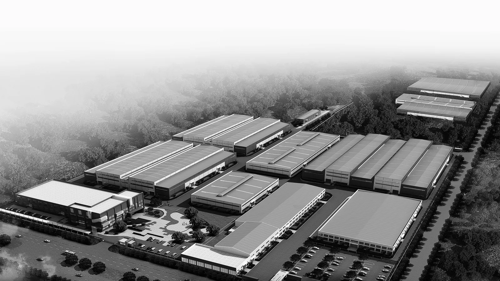 Aerial view of the Hetian plant campus, rows of production buildings