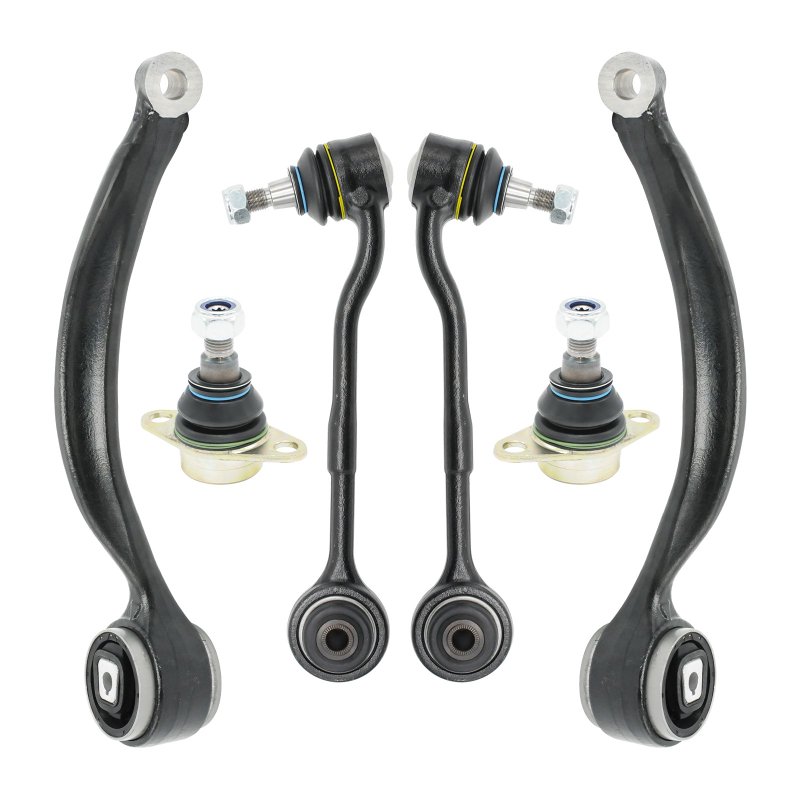 Chassis suspension kit contents — bushing, stabilizer link and control arm, studio flat-lay