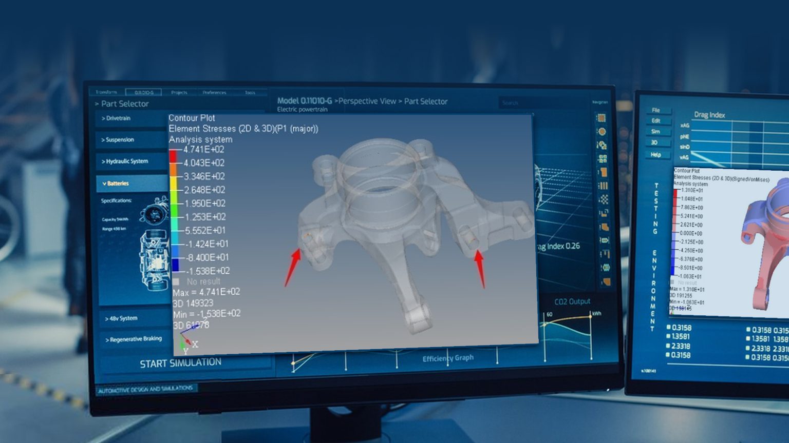 CAE stress analysis of a steering knuckle on an engineering workstation