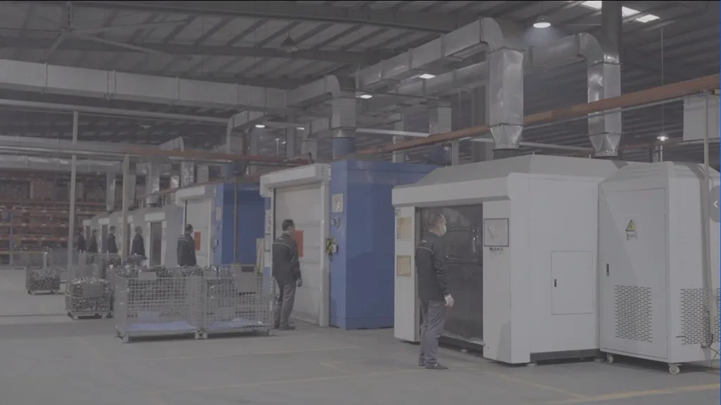 Robotic welding cells with arc sparks at the Hetian Wuhu plant